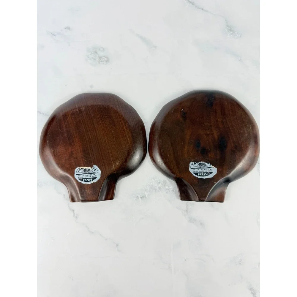 VTG PAIR (2) Caribcraft Mahogany Carved Haitian Shell Plates Trays 6